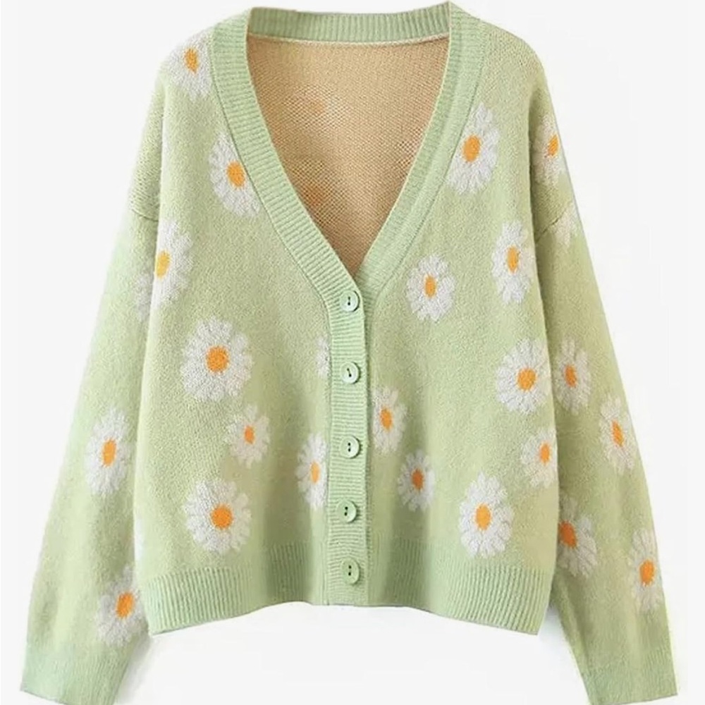Women’s long sleeve green and daisy flower cardigan